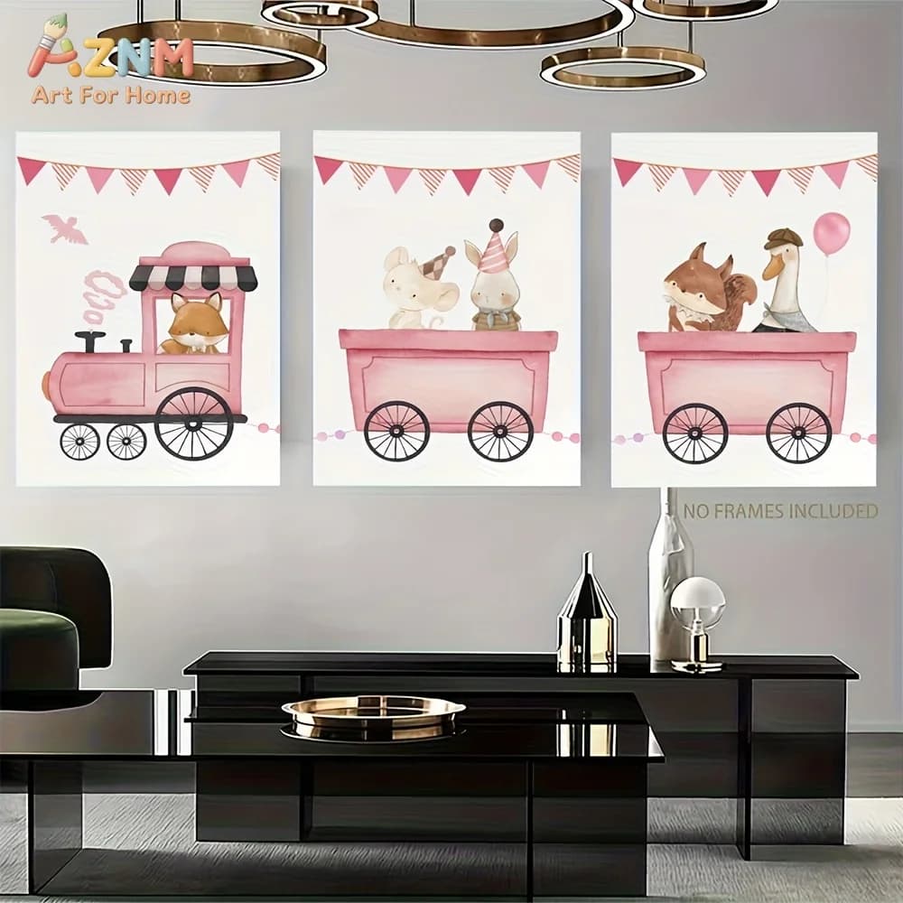 AZNM Watercolor Pink Circus Train Animal Canvas Wall Art, Cute Fox Squirrel Mouse Goose Cartoon Print Poster, Unframed Single Pi
