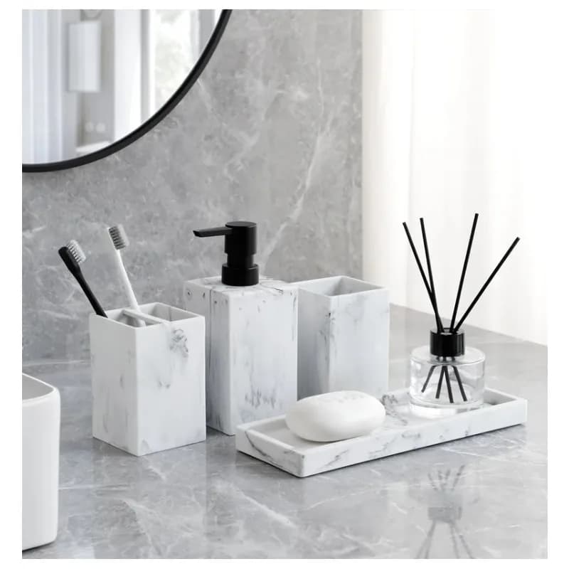 Accessori per il bagno Vanity Countertop Accessory Set Marble Look Lotion Dispenser Tumbler portaspazzolino vassoio
