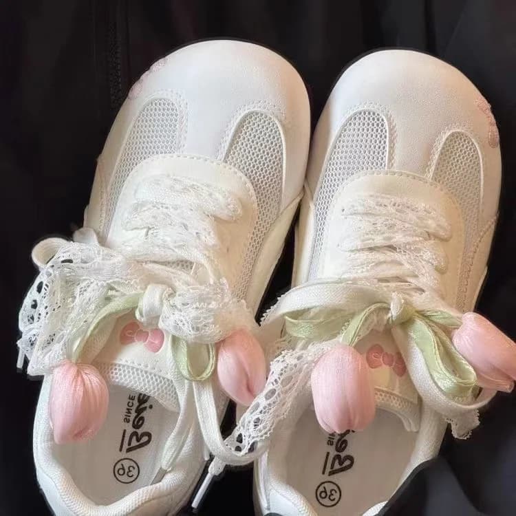 Pink Tulip Mesh Dequn Shoes Women's Lightweight Breathable Summer Fashion Casual Sneakers round Toe Flat Laced Sports Shoes