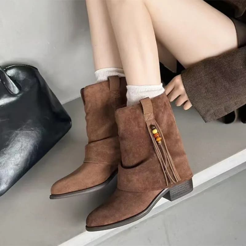 Stivaletti eleganti in finta pelle scamosciata con punta a punta Moda donna Tacco grosso Decorazione con nappa Stivali moderni Comfort invernale Scarpe da donna