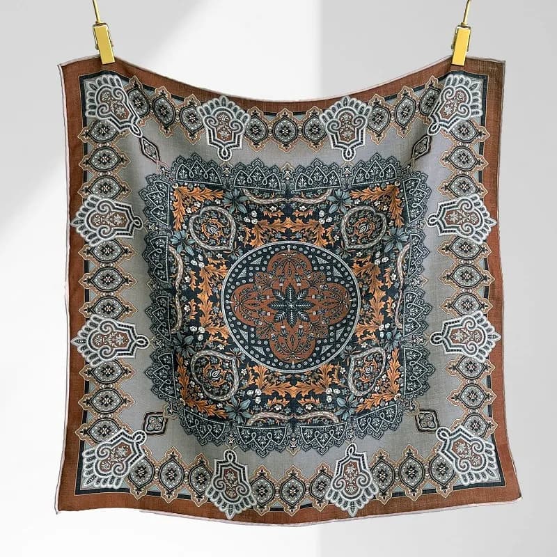 Central Compass Persian Floral Square Scarf 30% Mulberry Silk 70% Wool 70X70cm Light Grey Base Versatile Neck Travel Wrap Gift