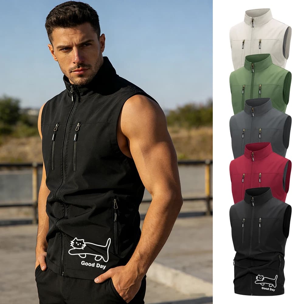 Gilet da uomo 2026 ad asciugatura rapida con colletto rialzato, in rete traspirante, stampato, senza maniche, multitasche, casual, da pesca