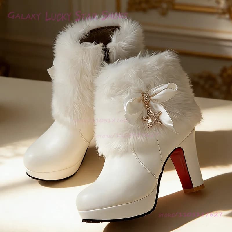 Ankle ankle boots in light pink and white long plush, for women, with plateau and big heel, Lolita style, in black leather, with golden beads