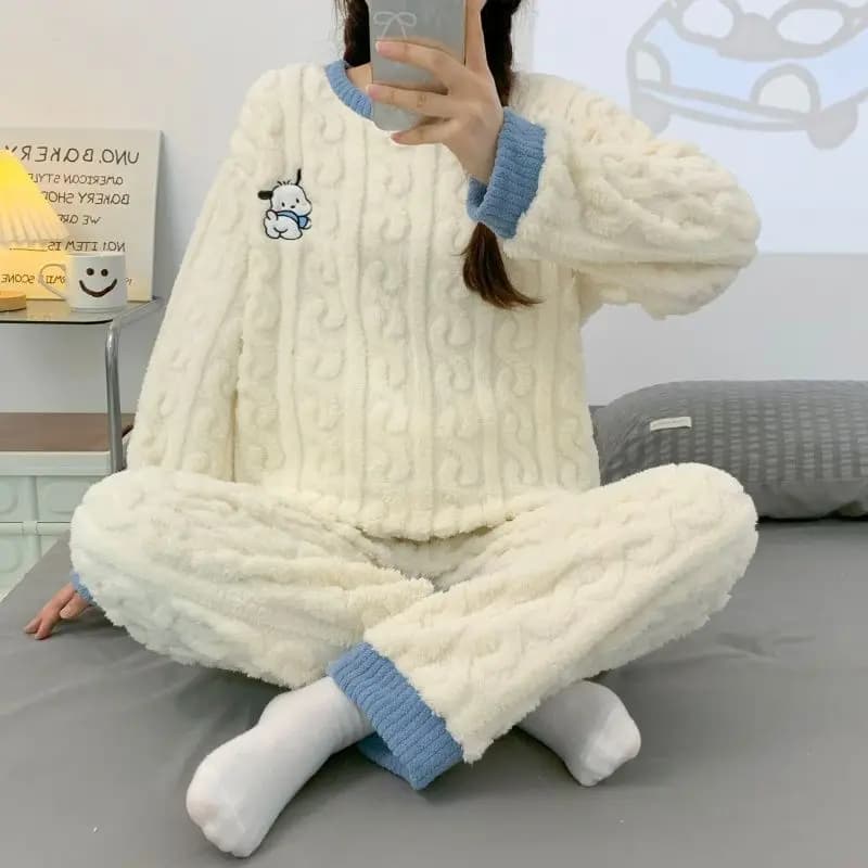 Cute Cartoon Pochacco Jacquard Flannel Pajama Set Winter Warm Crew Neck Fleece Sleepwear Multi Sanrio Character Design Cozy Home