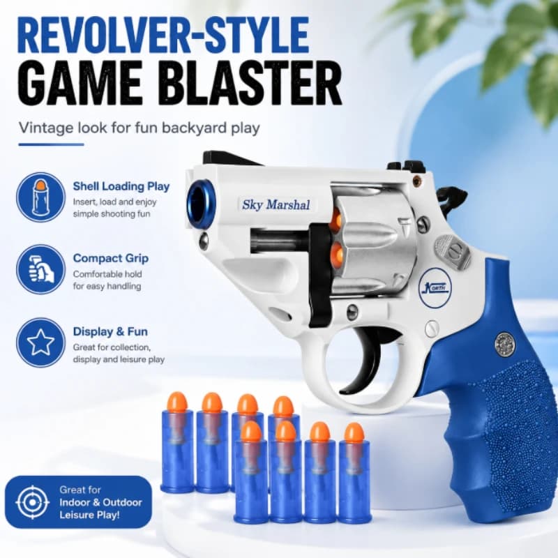 Revolver‑Style Game Blaster Toy with Shells Vintage Appearance Hobby Collection Play Prop for Backyard Leisure Activity