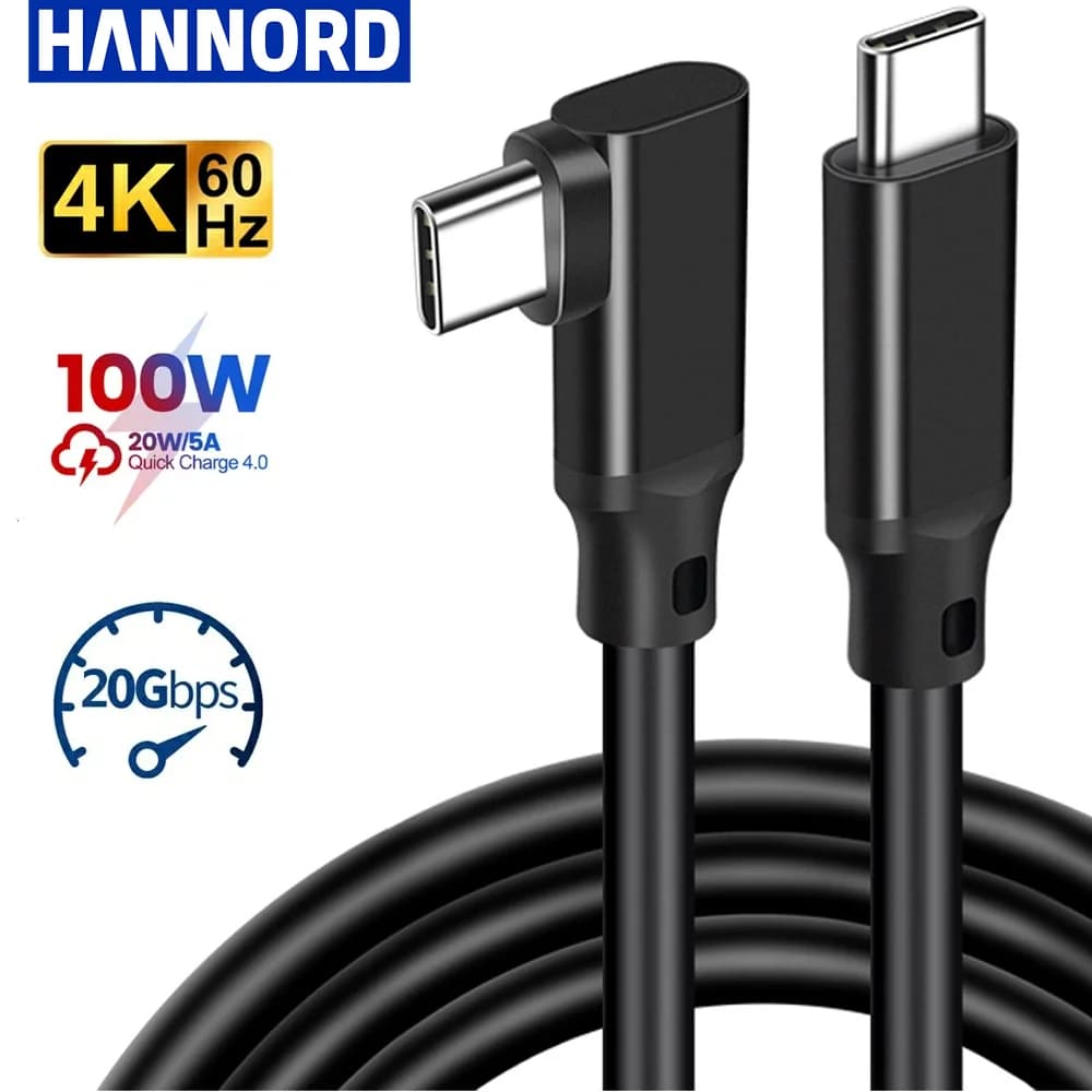 Hannord USB C 3.2 Gen 2 Type C to USB C Cable 90 degrees 20Gbps Connector Cable VR 5A 100W PD Fast charging cable for MacBook Laptop
