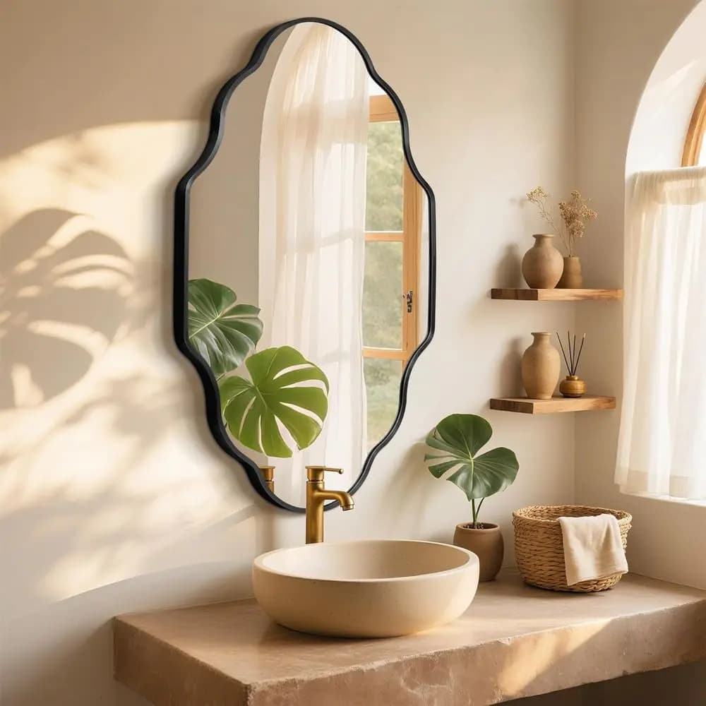 Sculpted Black Framed Bathroom Mirror, Distinctive Glass Wall Decor for Vanity, Suitable for Bedroom and Entryway (24 x 36, Sing