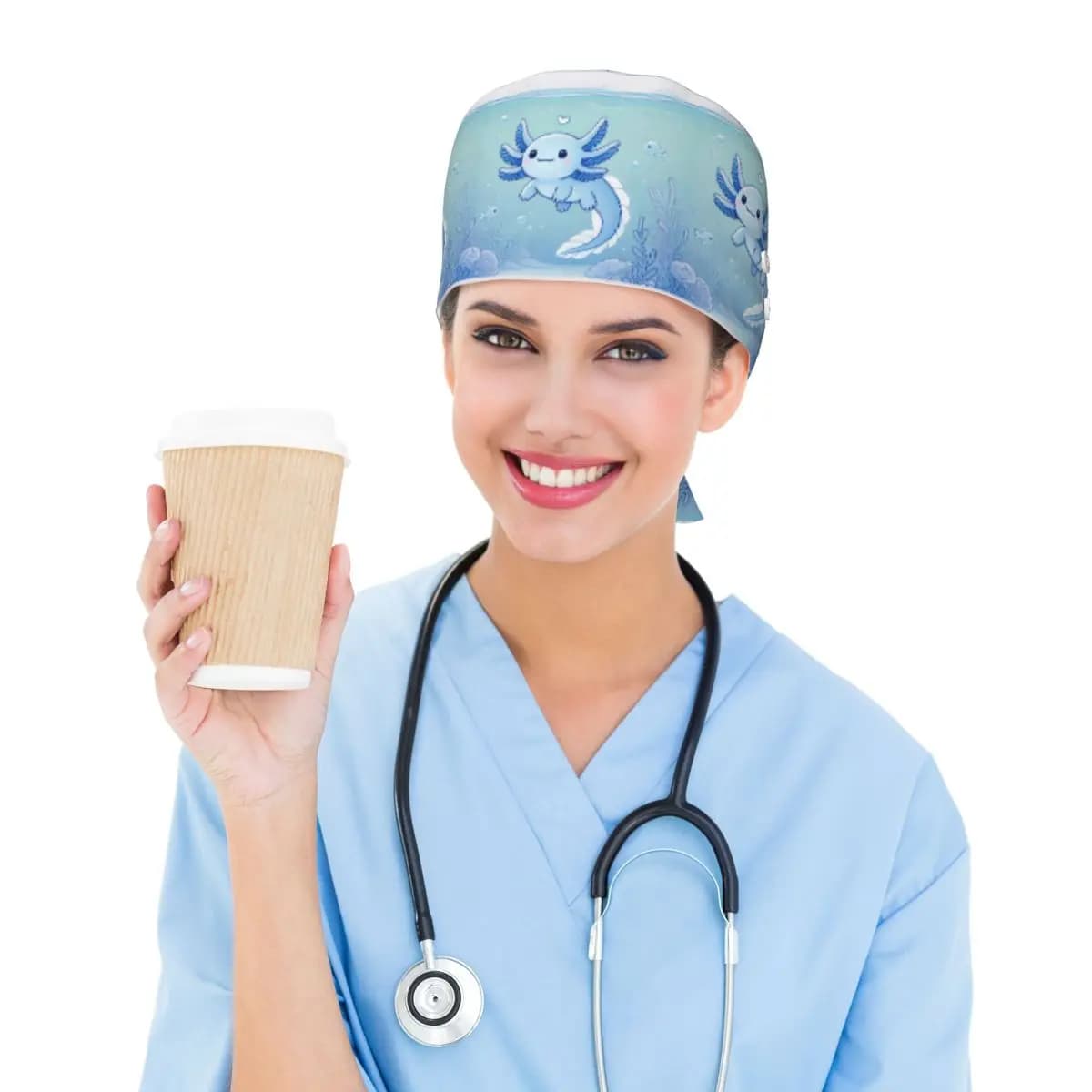 Blue Axolotl Scrub Hat Doctor Working Surgical Cap Men Women Adjustable Nursing Caps for Dentist