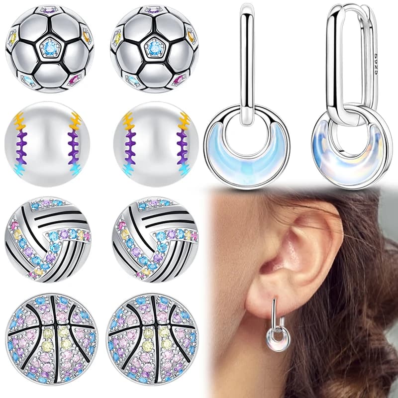 Orecchini Sportivi in Argento Sterling 925, Orecchini a Perno con Temi Calcio, Baseball, Pallavolo, Basket, Orecchini Pendenti a Cerchio a U con Pietra di Luna, Gioielli Regalo
