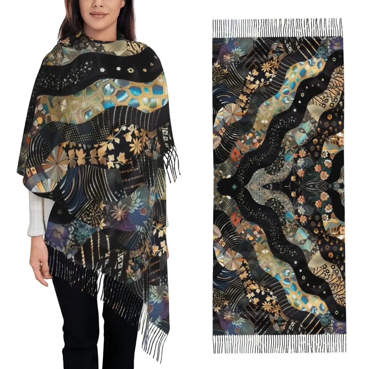 Traditional Japanese patchwork scarf in fabric Scarves with tassels for women Scialli and soft and warm stoles Great autumn winter shawls