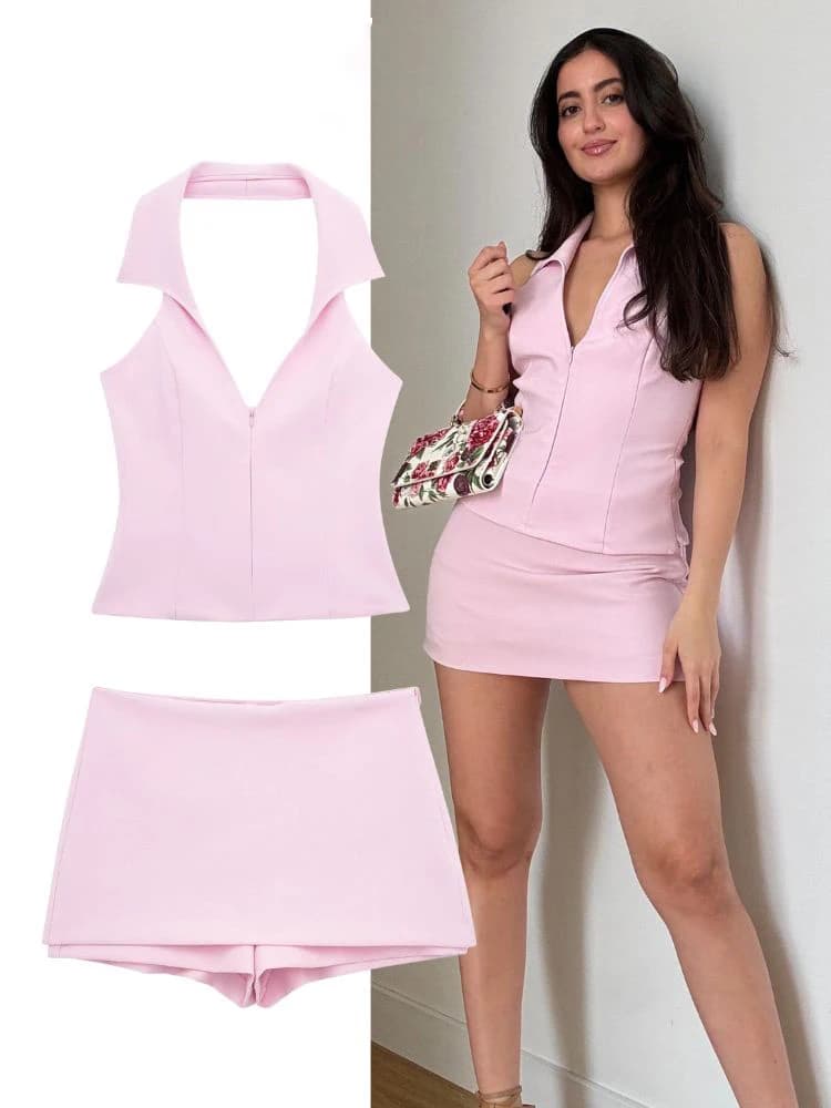 HH 2024 Donne Sexy Rosa Camis Top Pantaloncini Set Moda Estiva Halter Neck Backless Top + Dolce Rosa Pantalone Corto Vestito Della Signora