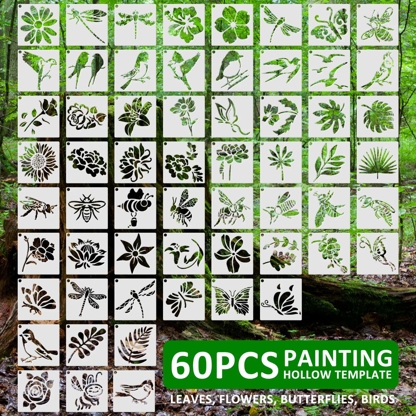60 Pcs Plant Painting Template for Canvas Card Wood Drawing Stencils Botanical Birds and Insects Design DIY Painting Stencil Set