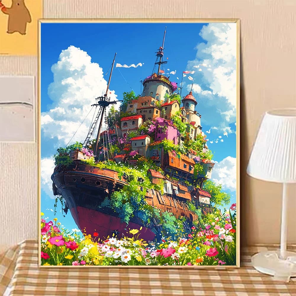 Fantasy Flower Ship Castle Floating Vessel Sky Paint by Numbers Oil Painting Modern Wall Art for Living Room Home Decor Unframed