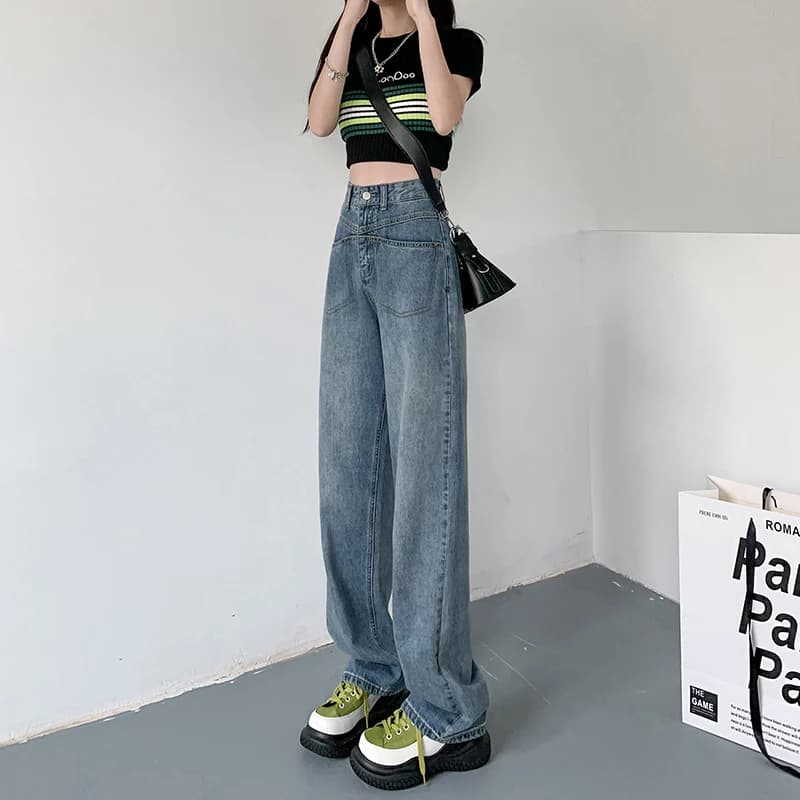 Retro High Waist Wide Leg Jeans Women's Spring Autumn Loose Drapey High Street Style Denim Pants Straight Cut Floor Length