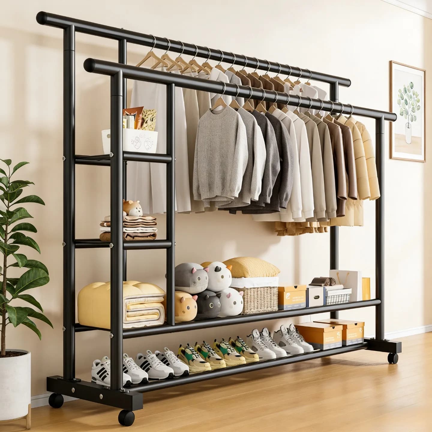 Appendiabiti da terra extra spesso a doppia asta per dormitorio, resistente, per casa, camera da letto, balcone, semplice
