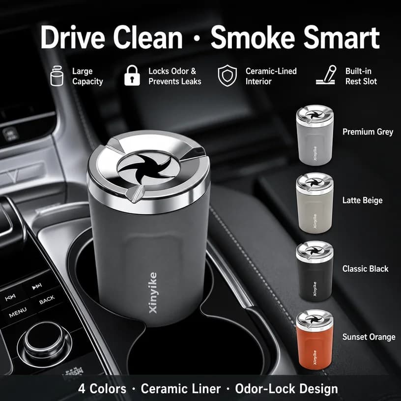 Car Ashtray with Heatproof Ceramic Liner& Mechanical Rotating Aperture Lid Universal Practical Auto Interior Accessories