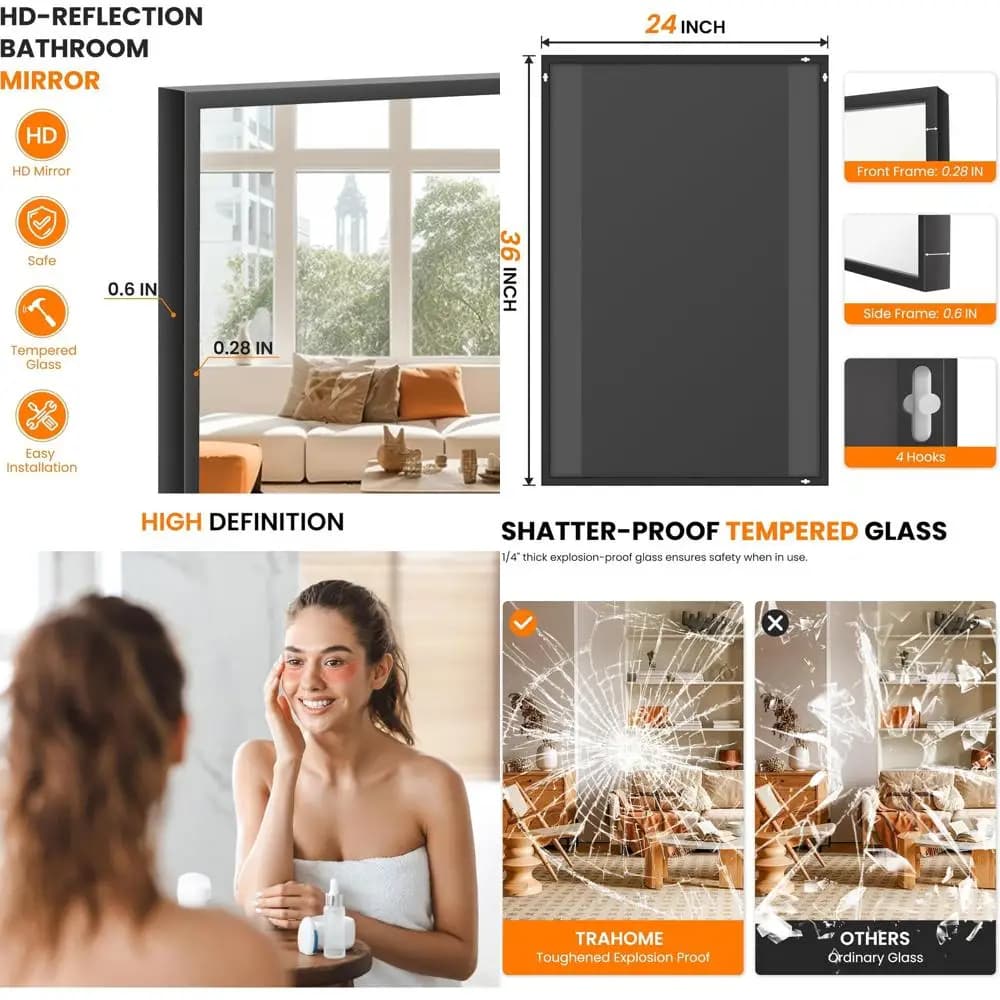 Specchio da Bagno o da Parete, Set da 2 Pezzi 36" x 24", Specchio da Parete o da Appoggio in Metallo, Vetro HD Infrangibile, da Appendere