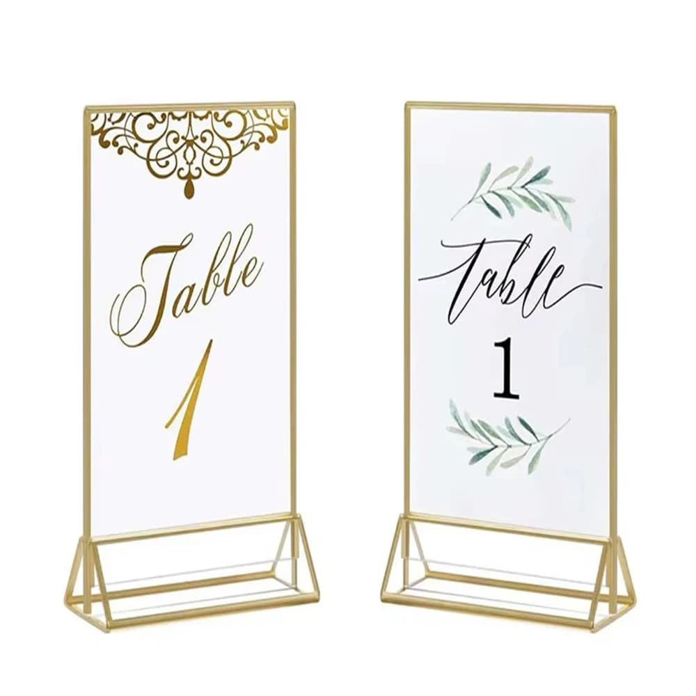 Porta etichette in oro acrilico da 1/2 pezzi, cornice per foto trasparente, display per menu da tavolo su due lati, numero di tabella di nozze, foto
