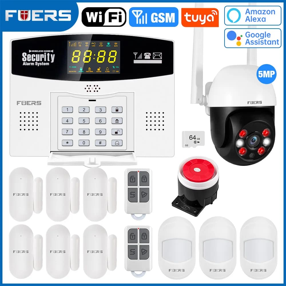 Fuers Tuya Kit sistema di allarme intelligente WIFI GSM Allarme antifurto Sistema di allarme domestico intelligente Display LCD a colori Telecamera IP di sicurezza da 3 MP