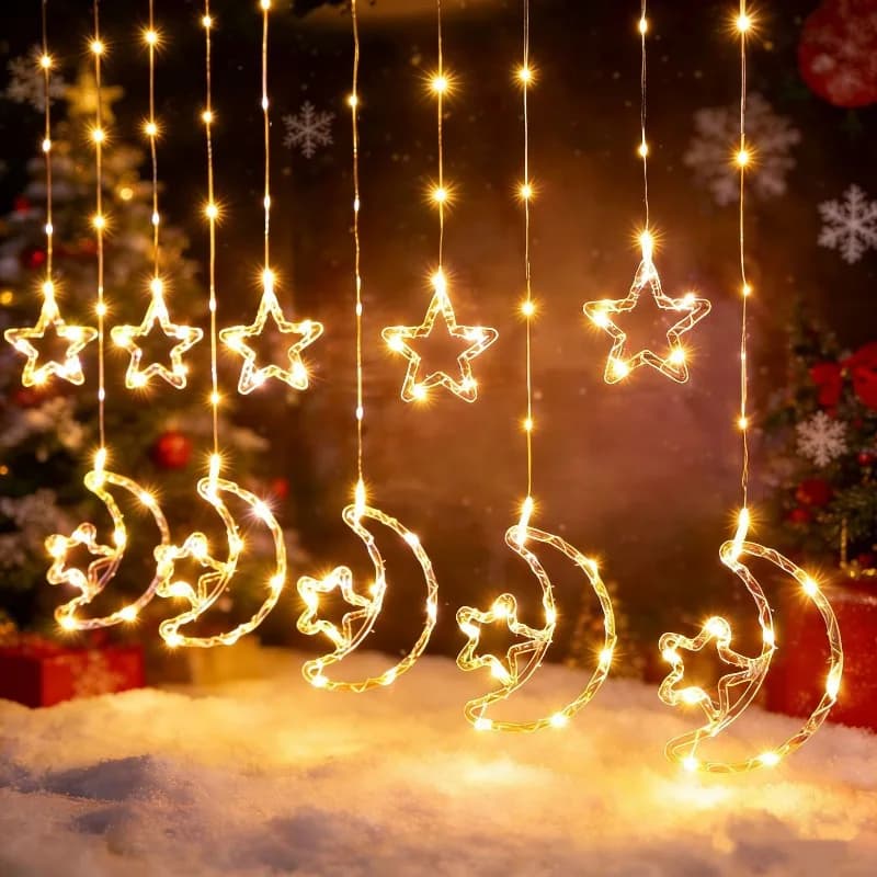 Luci Decorative a Tenda per Ramadan con Luna e Stelle, Illuminazione a Filo per Casa, Giardino, Feste, Vacanze e Decorazioni Fai-da-Te