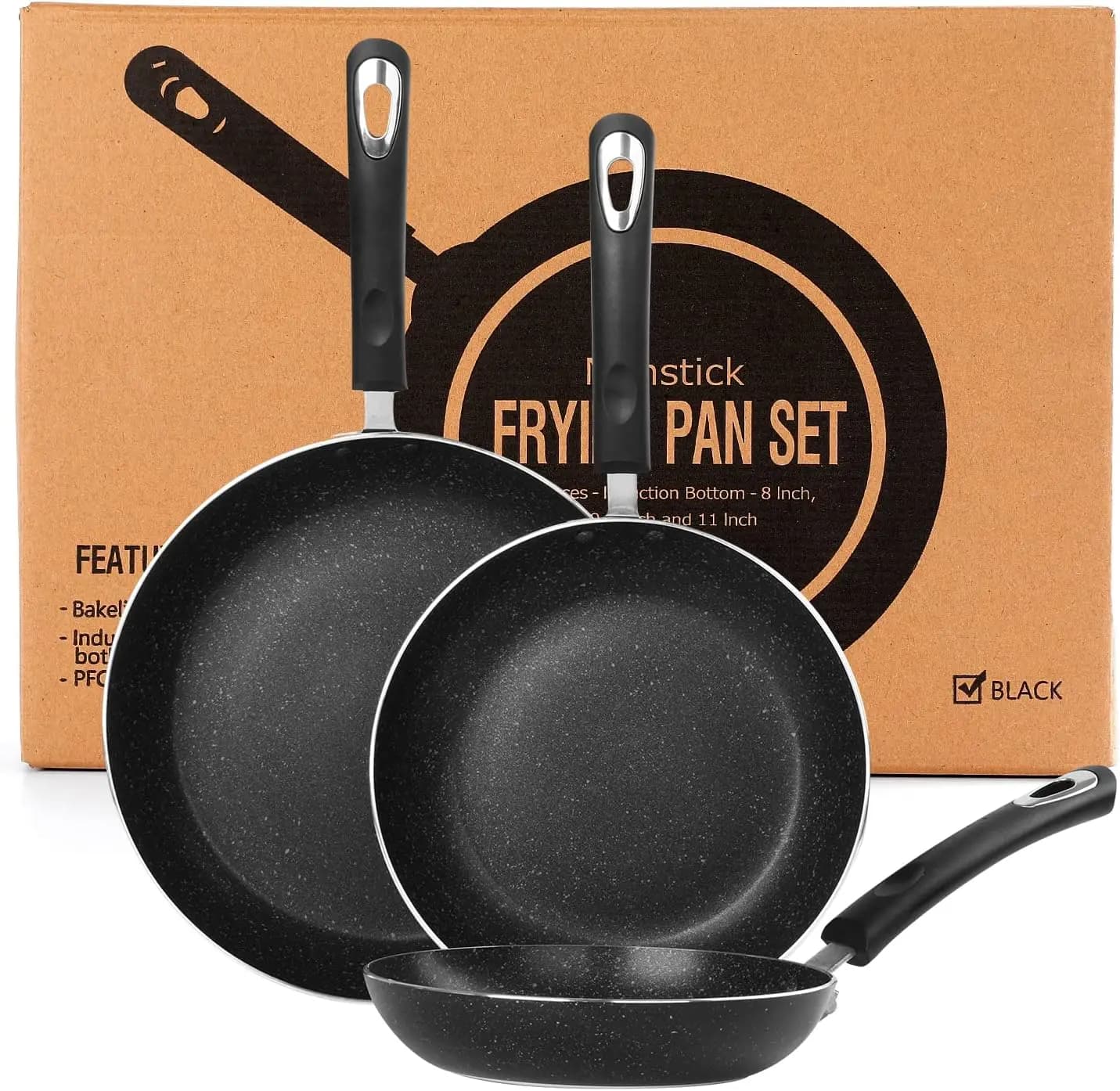 Set of 3 Plates for Induction Cooking Plan, Black 8+9,5+11 Inches