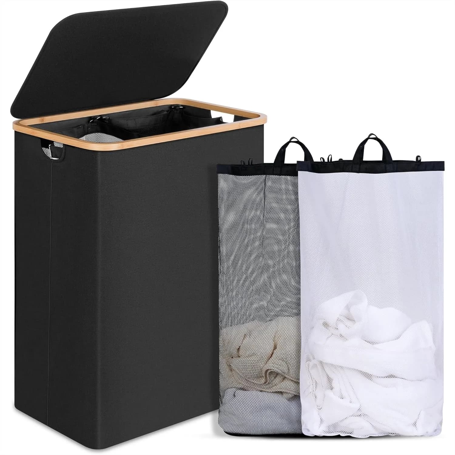 Cesto per Bucato Doppio con Coperchio, Cesto per Vestiti Diviso in 2 Sezioni con Sacchi Rimovibili, Extra Large 160L Pieghevole