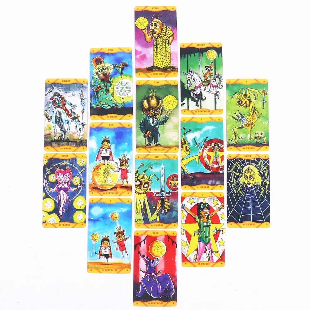 10.3*6cm Freak Show Circus tarocchi 78 pezzi carte con guida per principianti bordi dorati rossi per gli amanti dei tarocchi collezionisti di fumetti