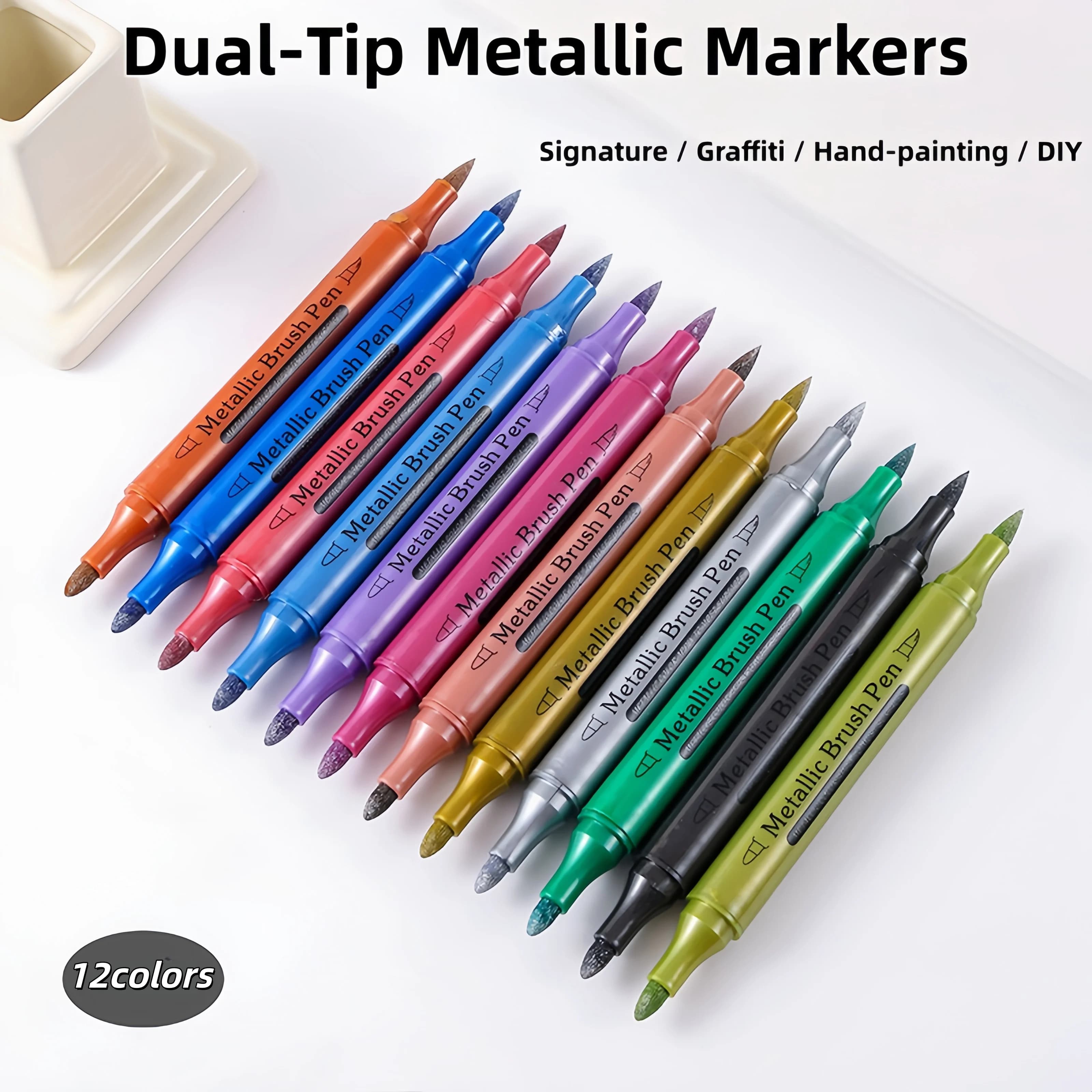 Pennarelli Acrilici Metallizzati a Doppia Punta in 12 Colori, Penne Impermeabili per Firme, Pennarelli a Base d'Acqua per Pittura e Graffiti Fai-da-Te