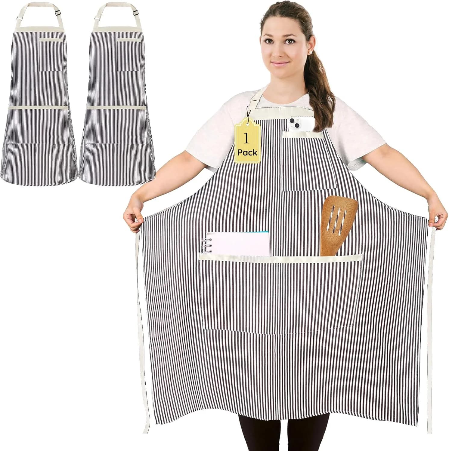 plus size 89cm Adjustable Apron with Pockets, Long Collar Design, Striped for Kitchen Cooking, Functional Wearable Kitchen Item