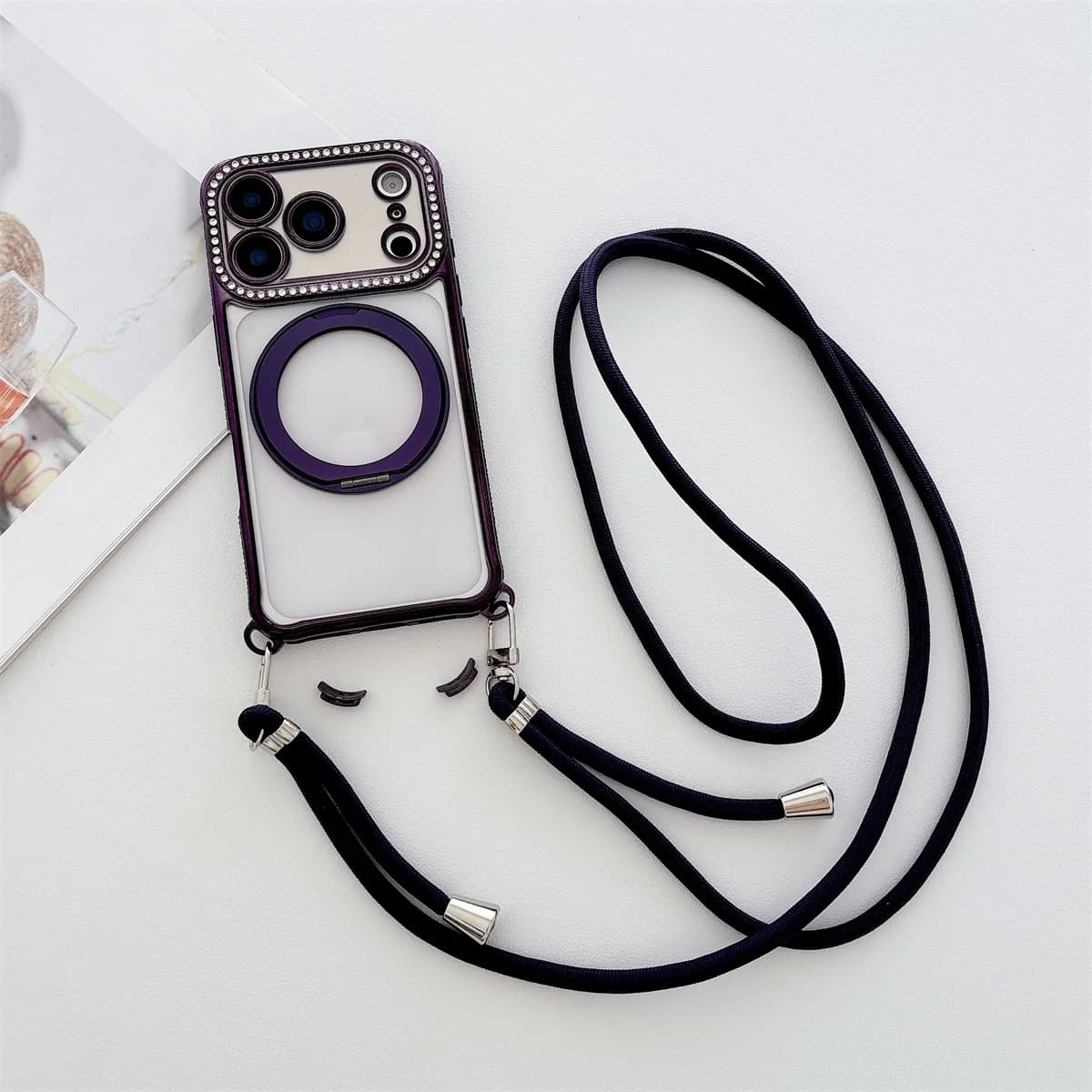 Flash Diamond Cordino Collana Cavo Corda Placcatura Custodia con staffa magnetica trasparente per IPhone 17 16 14 13 15 Pro Max per Magsafe Cover