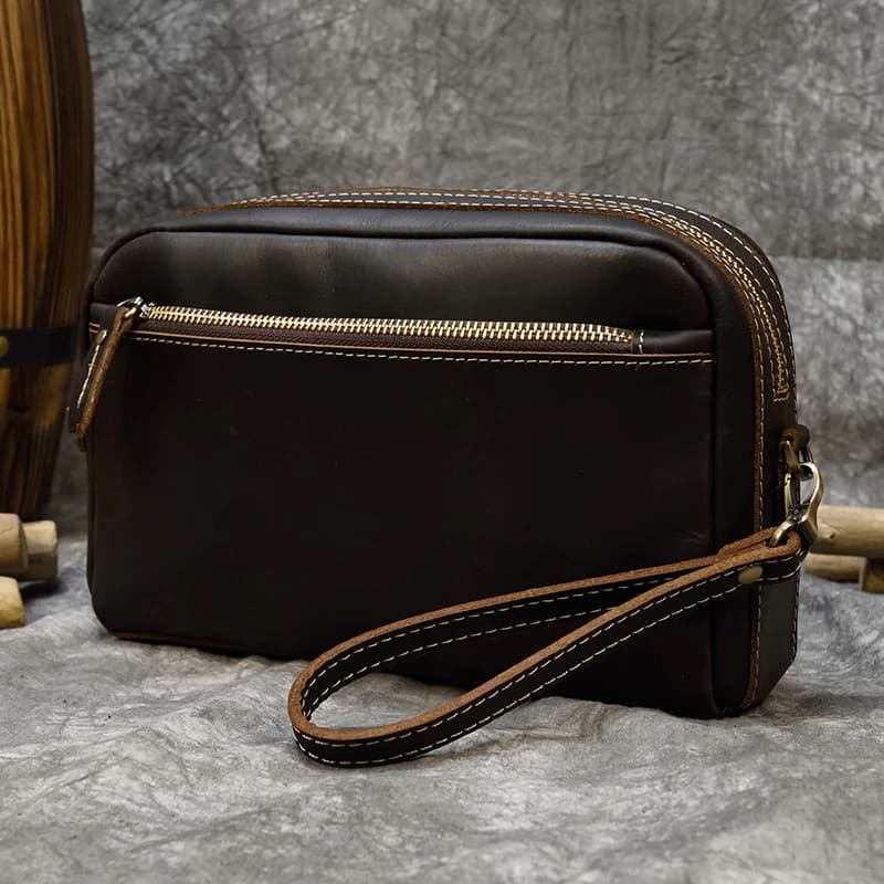 Genuine Leather Clutch Bag Of Men Male Long Hand Bag Crazy Horse Leather Day Clutches For 6" Cell Phone With Wrist Belt