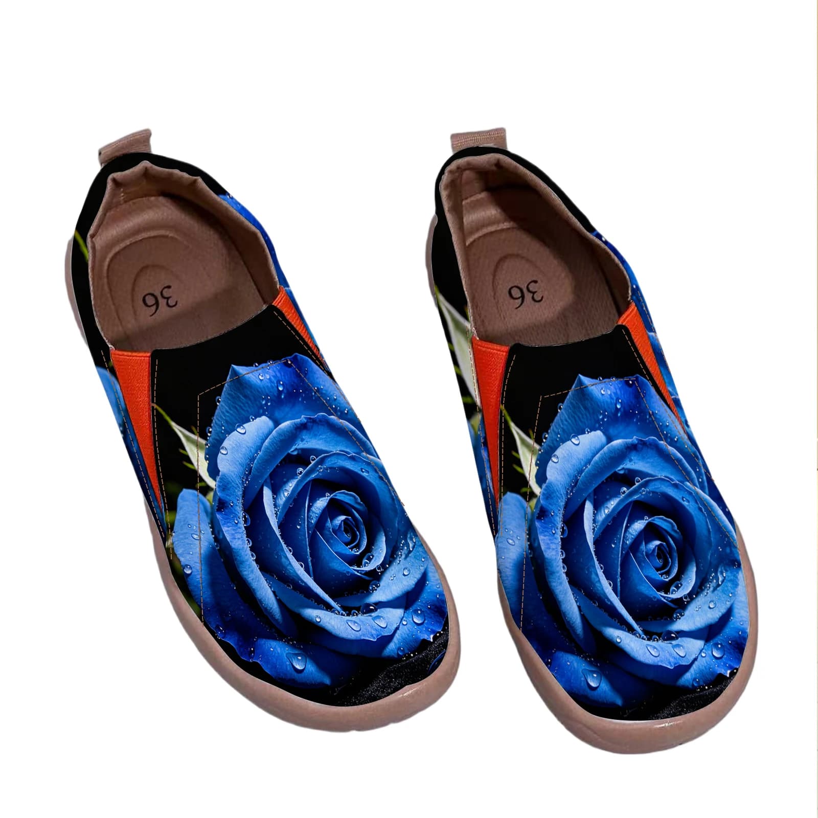 Women's Wide Toe Box Dark Night Blue Rose With Water Drops Print Slip‑On Shoes, Soft Sole Breathable Canvas Casual Walking Flats