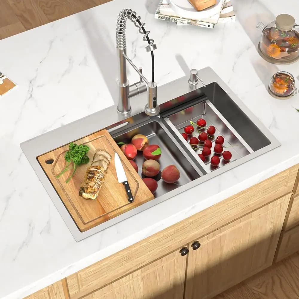 Lavello da cucina a incasso 33x19 - Workstation All-in-One in acciaio inox 304 calibro 16, lavello singolo da incasso con tagliere, colore