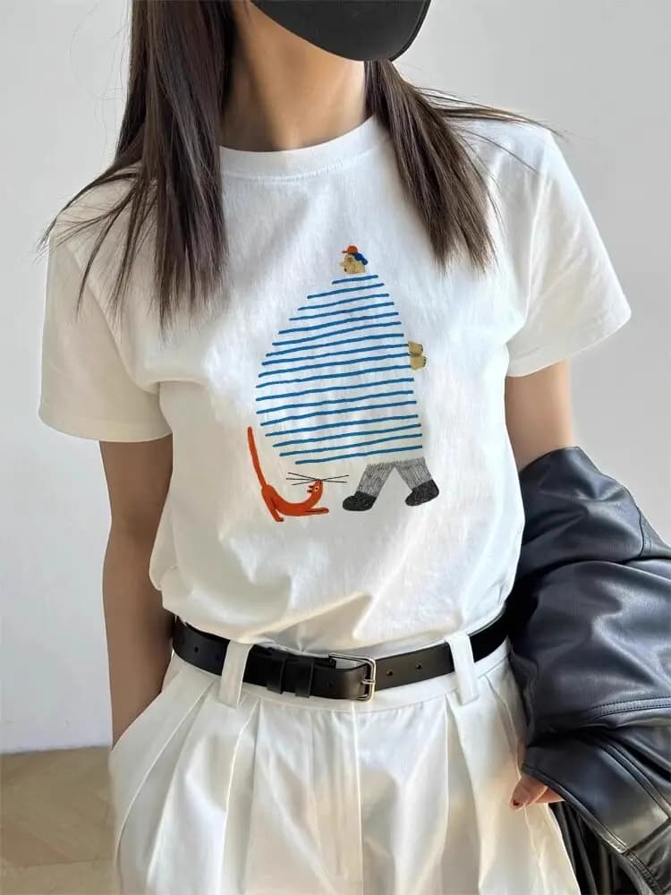 Summer American Retro Cartoon Print Short Sleeve Loose Women's T-shirt Casual Style Cotton round Neck Top Fashionable Ageless
