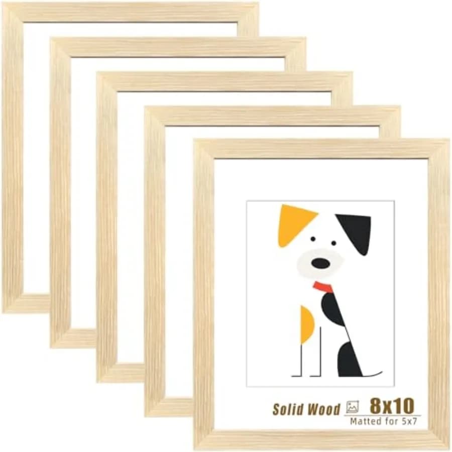 Picture Frame Solid Natural Wood, Display 5x7 photo with Mat or without Mat for Wall Hanging and Tabletop, Set of 5