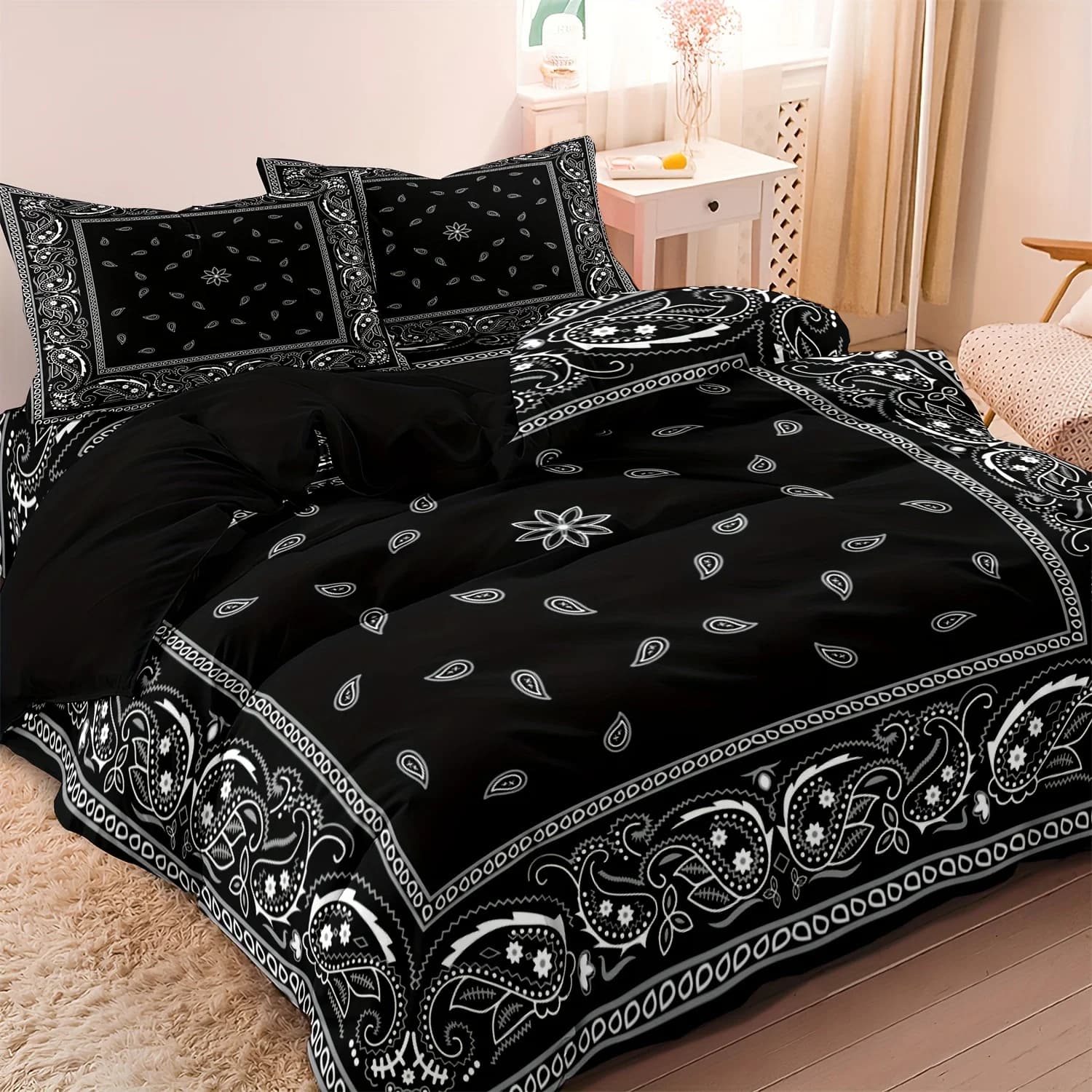 Set copripiumino nero Paisley Mandala stile bohemien doppio per adulti Set biancheria da letto Queen King Size con federa per camera da letto