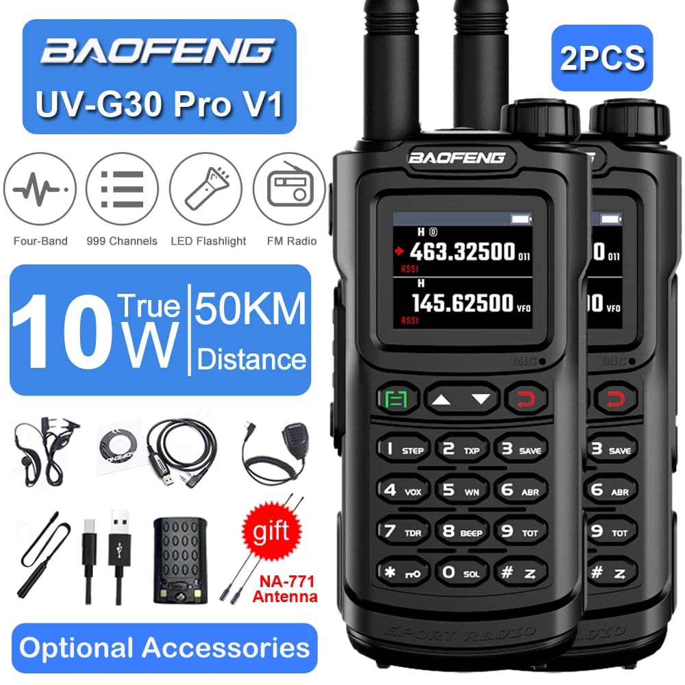 2 pz Baofeng 10W 50KM Walkie Talkie 4 bande Radio portatili a lungo raggio copia frequenza 999CH NOAA Radio bidirezionale UV-G30 Pro V1