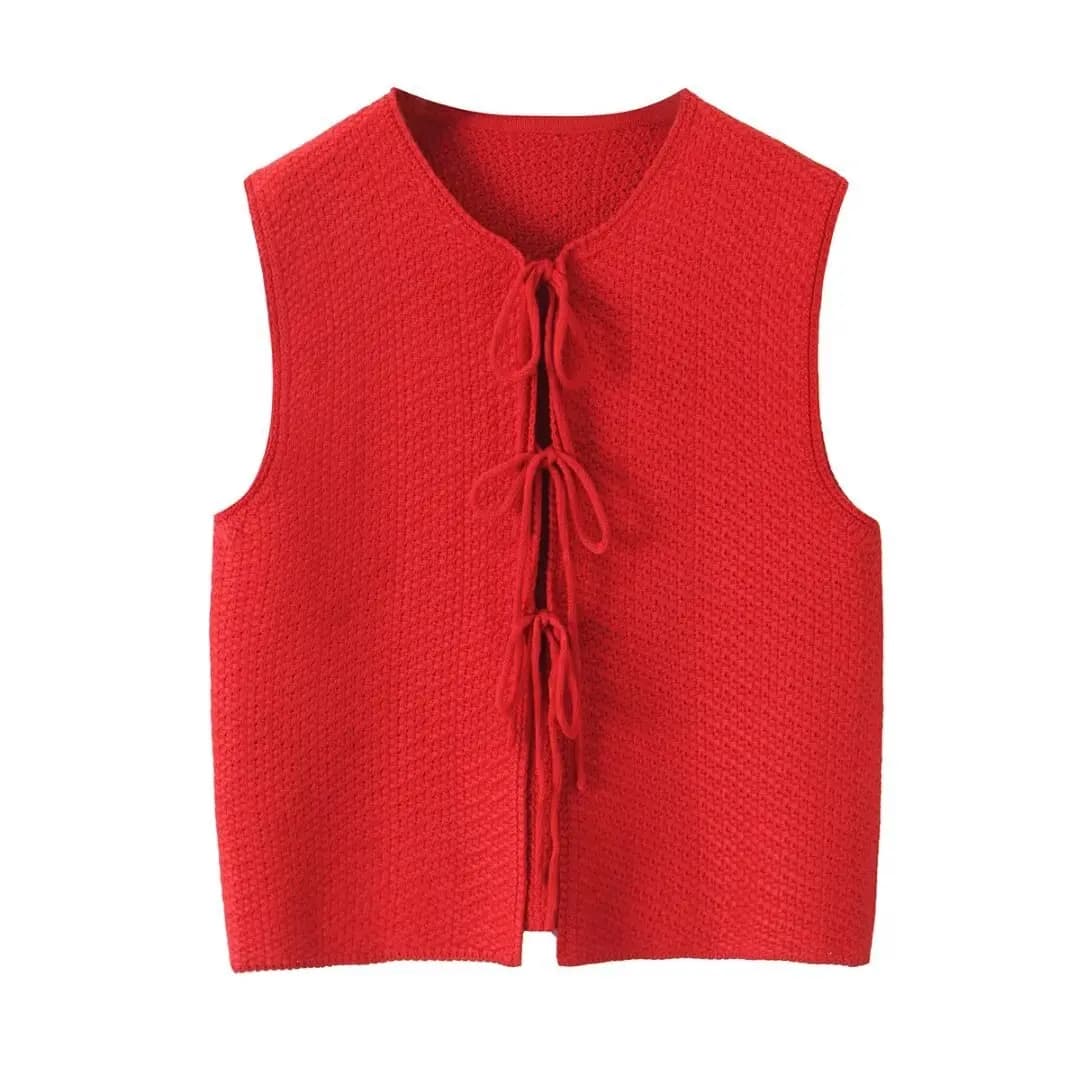 Gilet legati con fiocco per donna scollo a V gilet corto senza maniche lavorato a maglia giacca gilet donna streetwear nuove capispalla donna