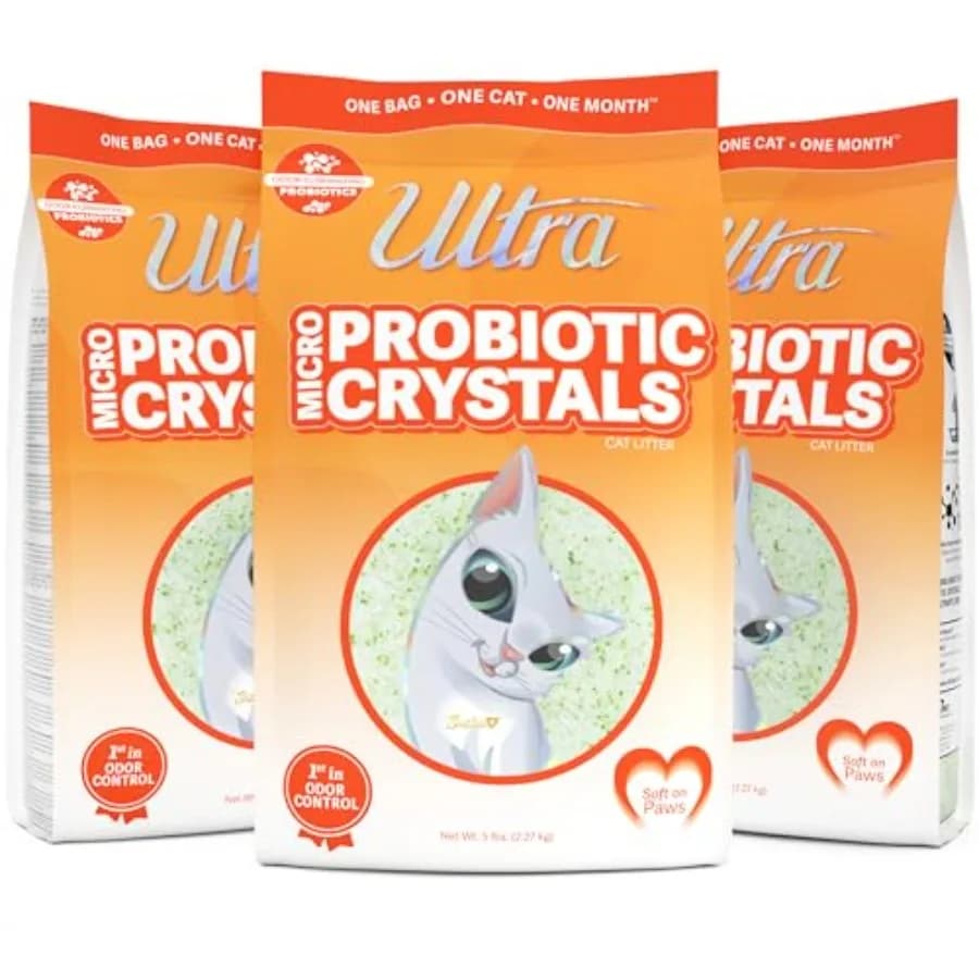 Lettiera per Gatti Premium con Microcristalli Probiotici, 99,9% Senza Polvere, Delicata sui Pussoli, Senza Profumo, 15 Libbre Totali, Confezione da 3 Pezzi da 5 Libbre