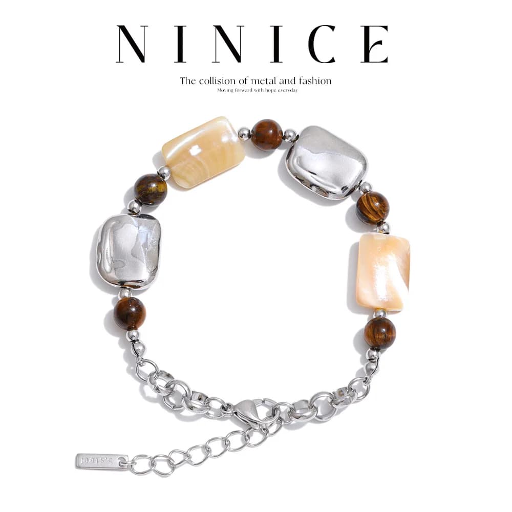 NiNice Stainless Steel Rectangle Natural Tiger Stone Shell Chain Bracelet Bangle 2026 New Charm Wrist Jewelry Accessories