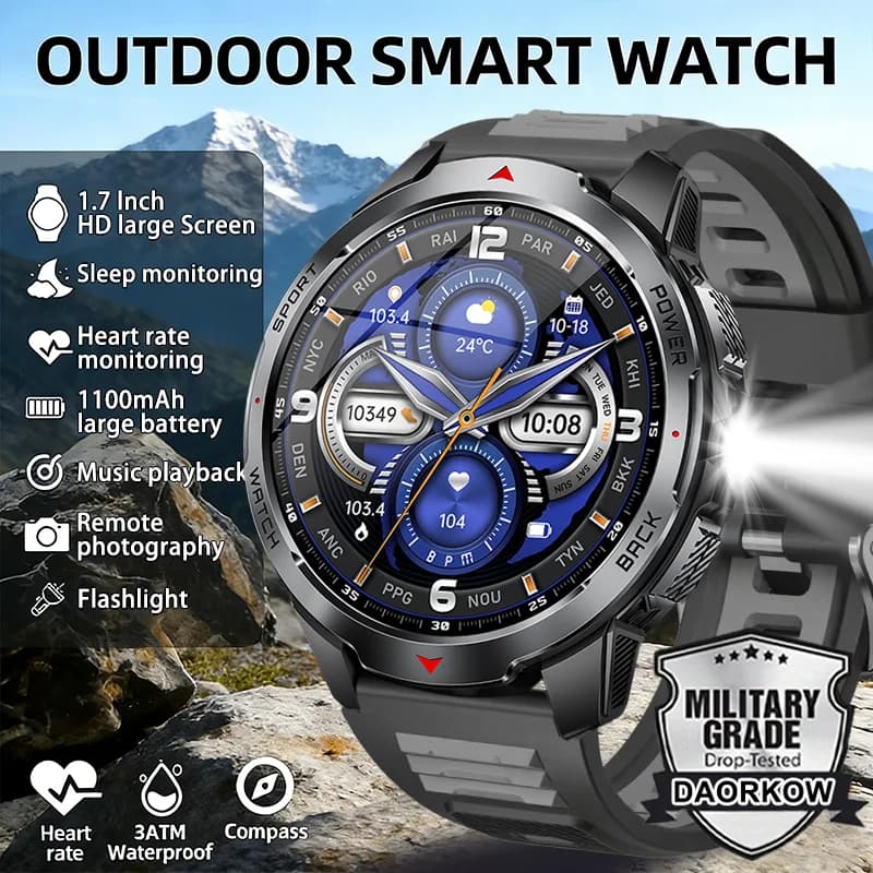 LIGE Smartwatch da Uomo con Batteria da 1100mAh, per Sport all'Aperto, Torcia LED, Bussola, Chiamate Bluetooth, Orologio da Uomo 2026