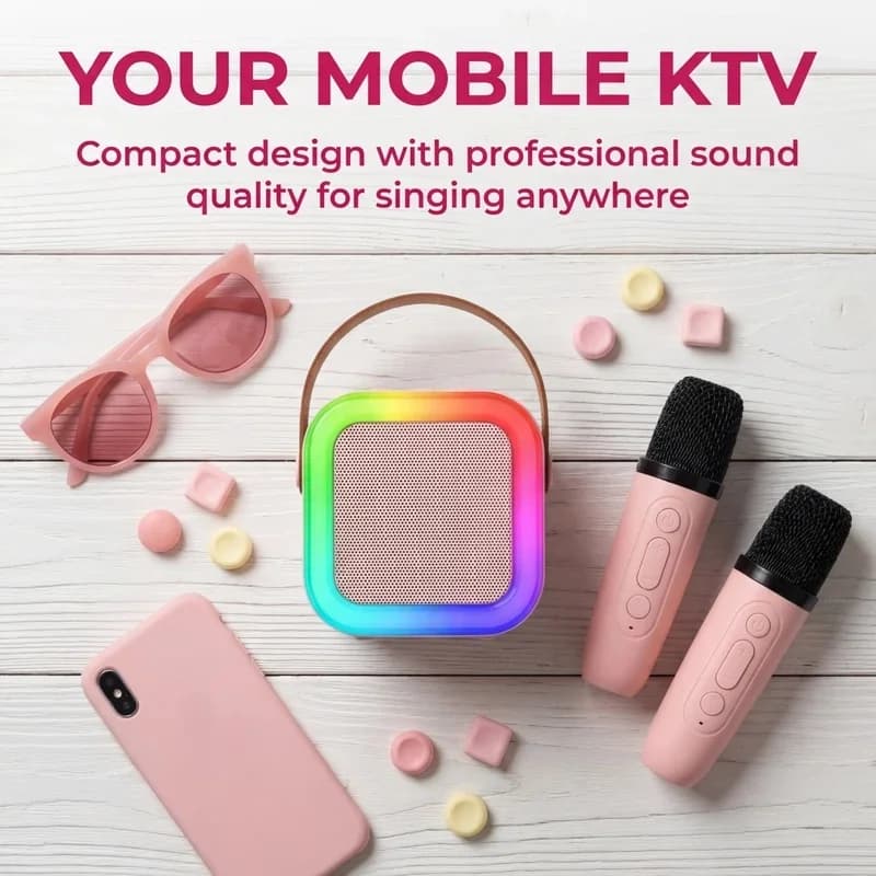 Portable Outdoor Karaoke Speaker with Wireless Mics, Bluetooth 5.3, 360° Surround Sound, Support USB/TF/AUX, Camping & Home Part