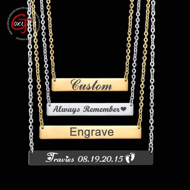 Goxijite Stainless Steel Engraving Name Square Bar Custom Name Necklace Pendant Necklace Gold 3 Colors Women Men Party Gift