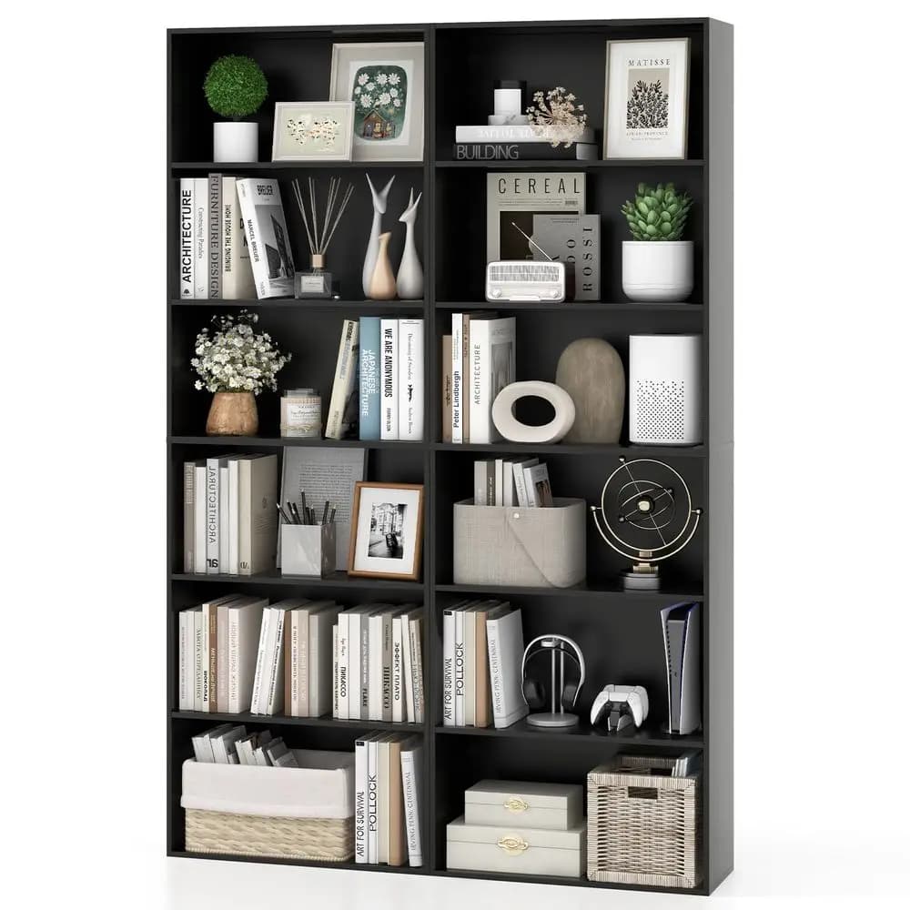 Set di 2 librerie a 6 ripiani, scaffale in legno alto 70 cm, organizer autoportante con ripiani aperti, kit anti-ribaltamento, stile moderno