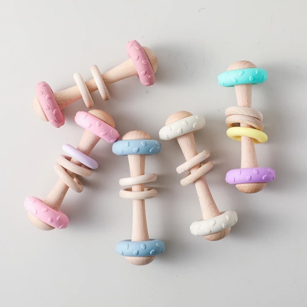 Giocattoli per neonati in silicone con sonaglio e massaggiagengive – Giocattolo sensoriale per neonati 0-12 mesi, in legno naturale, giocattoli per la dentizione in silicone alimentare, regali