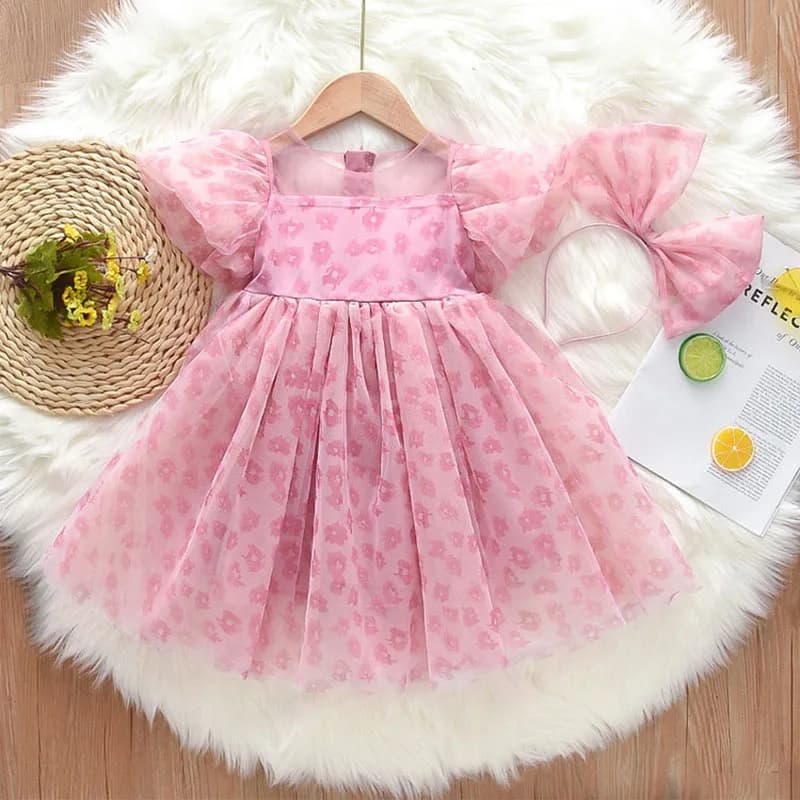 2026 Nuovo Vestito Estivo per Ragazze 2-8Y Dolce Ragazze Floreale Soffio Manica Corta Vestito da Principessa Vestiti per Bambini Vestito a Maglia per Bambini