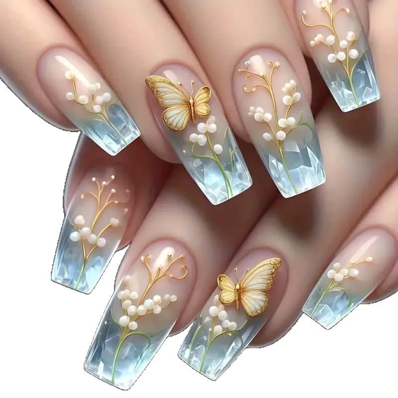 Nuova Collezione 2026 di Nail Art Minimalista - Stile Farfalla Sognante, Classico French Medio-Lungo Europeo Quadrato, Unghie Finte Pronte all'Uso