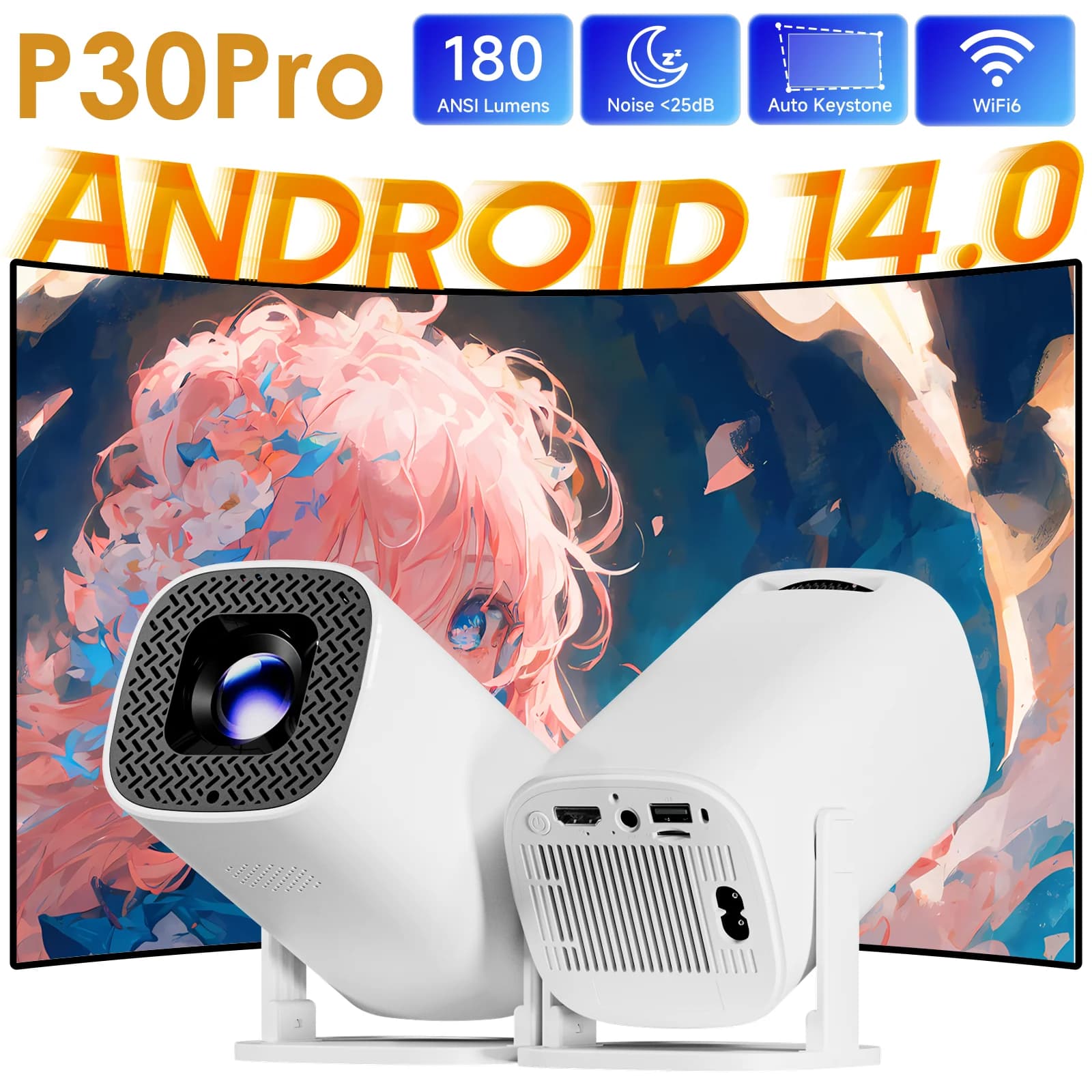 Proiettore Smart Android 14 P30PRO con Supporto Mirroring Schermo 720p, 4K WiFi6, Home Theater Intelligente, Proiettore Portatile per Esterni