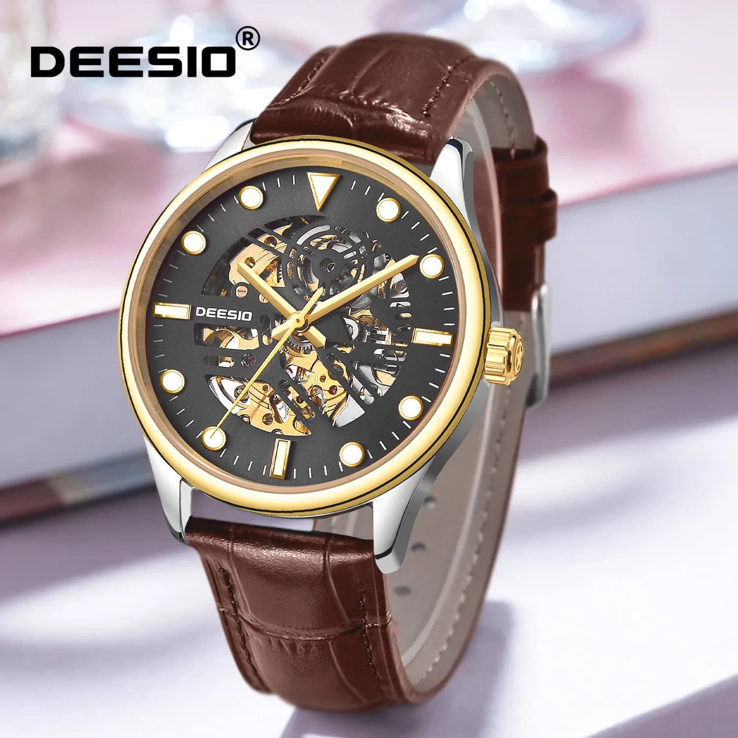Deesio Business Men's Automatic Self-Wind Mechanical Watches Leather Watch Strap Luminous Stainless Steel Case 30M Water Proof