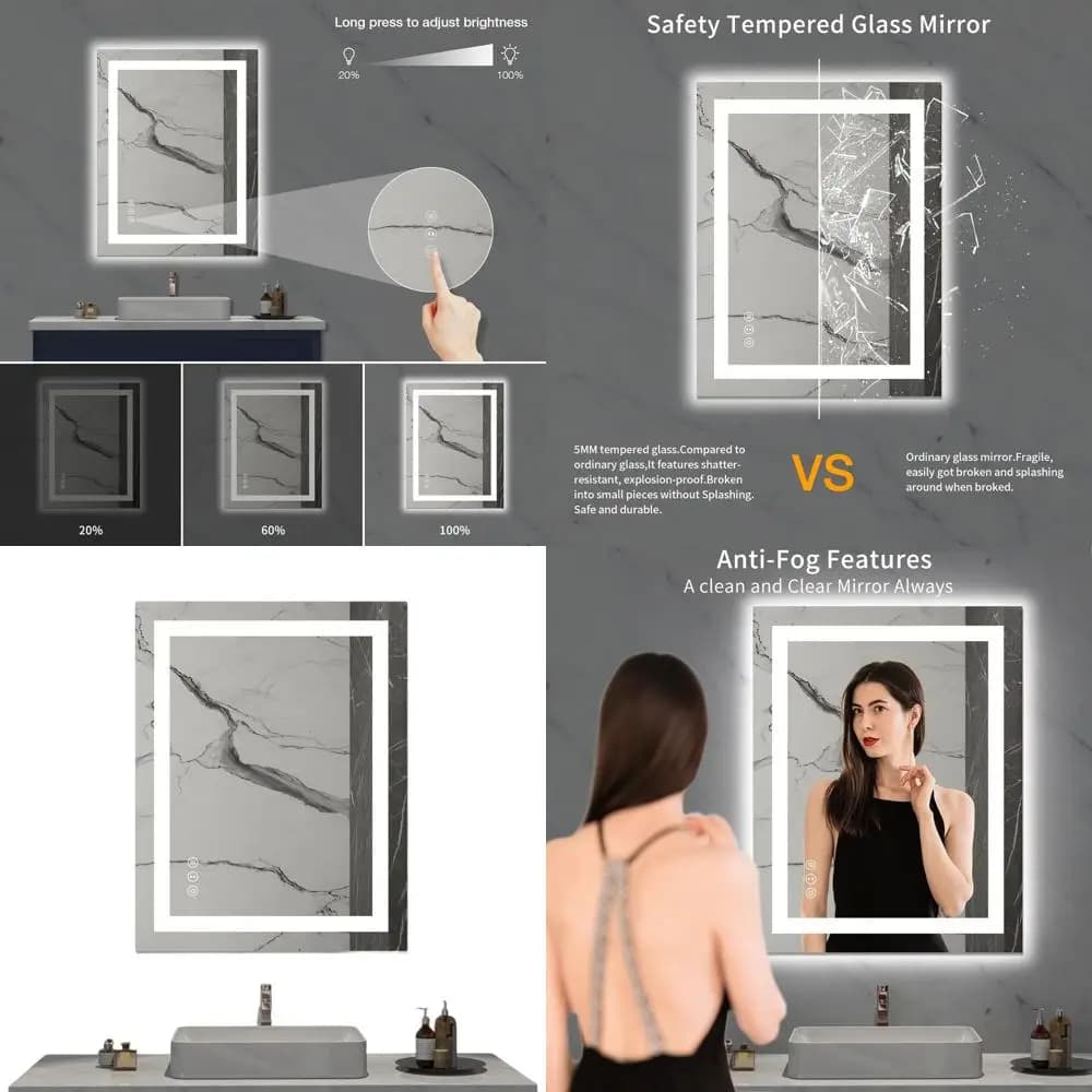 Specchio da bagno illuminato a LED dimmerabile con antiappannamento, retroilluminato e illuminazione frontale, specchio cosmetico a parete, vetro temperato, sicuro, E